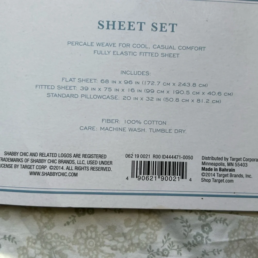 Simply Shabby Chic Sheet Set Cream Moss Green Bedding 100% Cotton Twin NWT